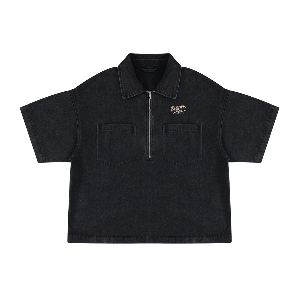 Unisex Vintage Wash Boxy Quarter-Zip Denim Shirt